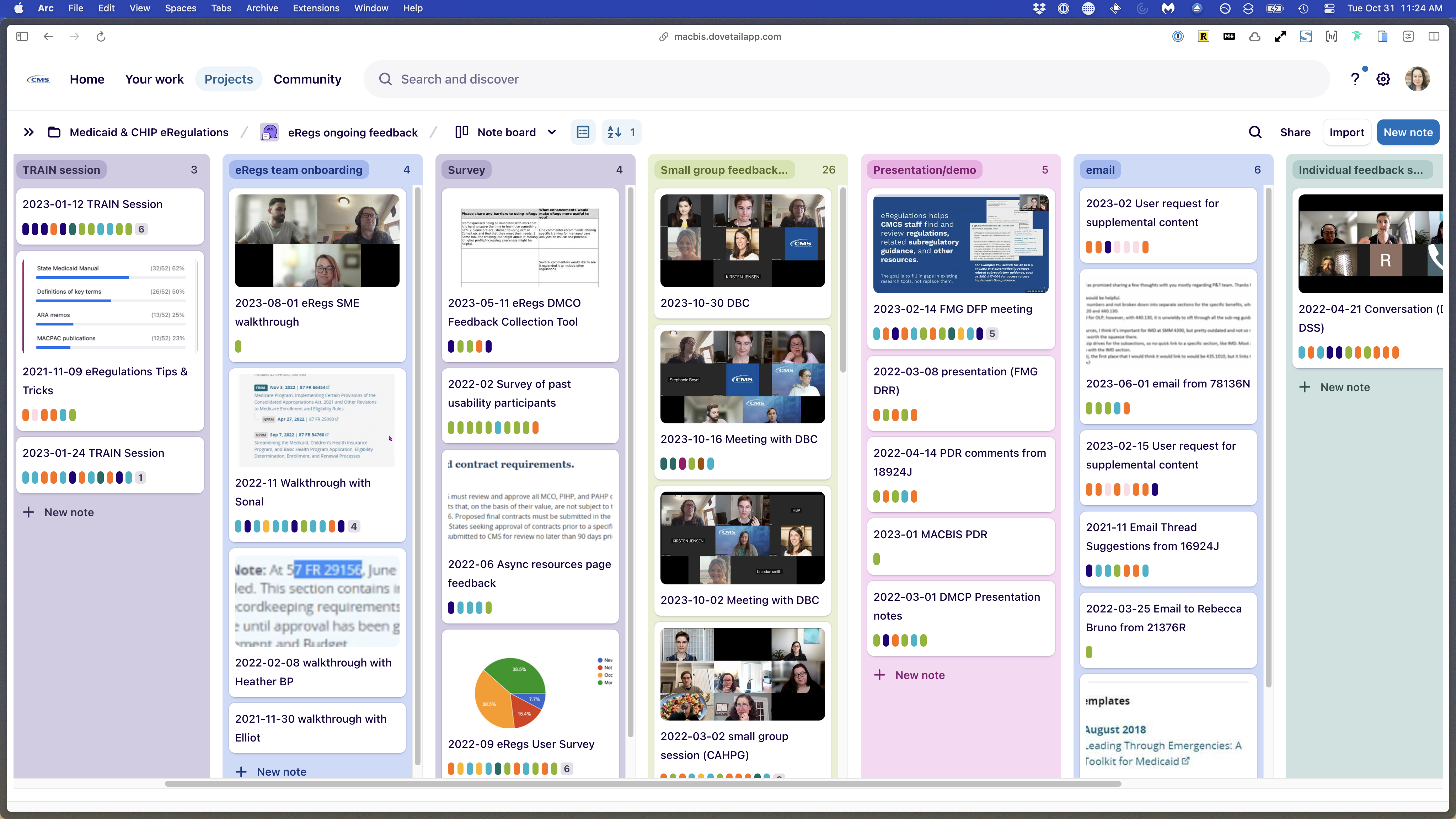 Screenshot of the Dovetail research repository showing ongoing user feedback collection efforts from training sessions, user onboarding, surveys, small group feedback, formal presentations, and email.
