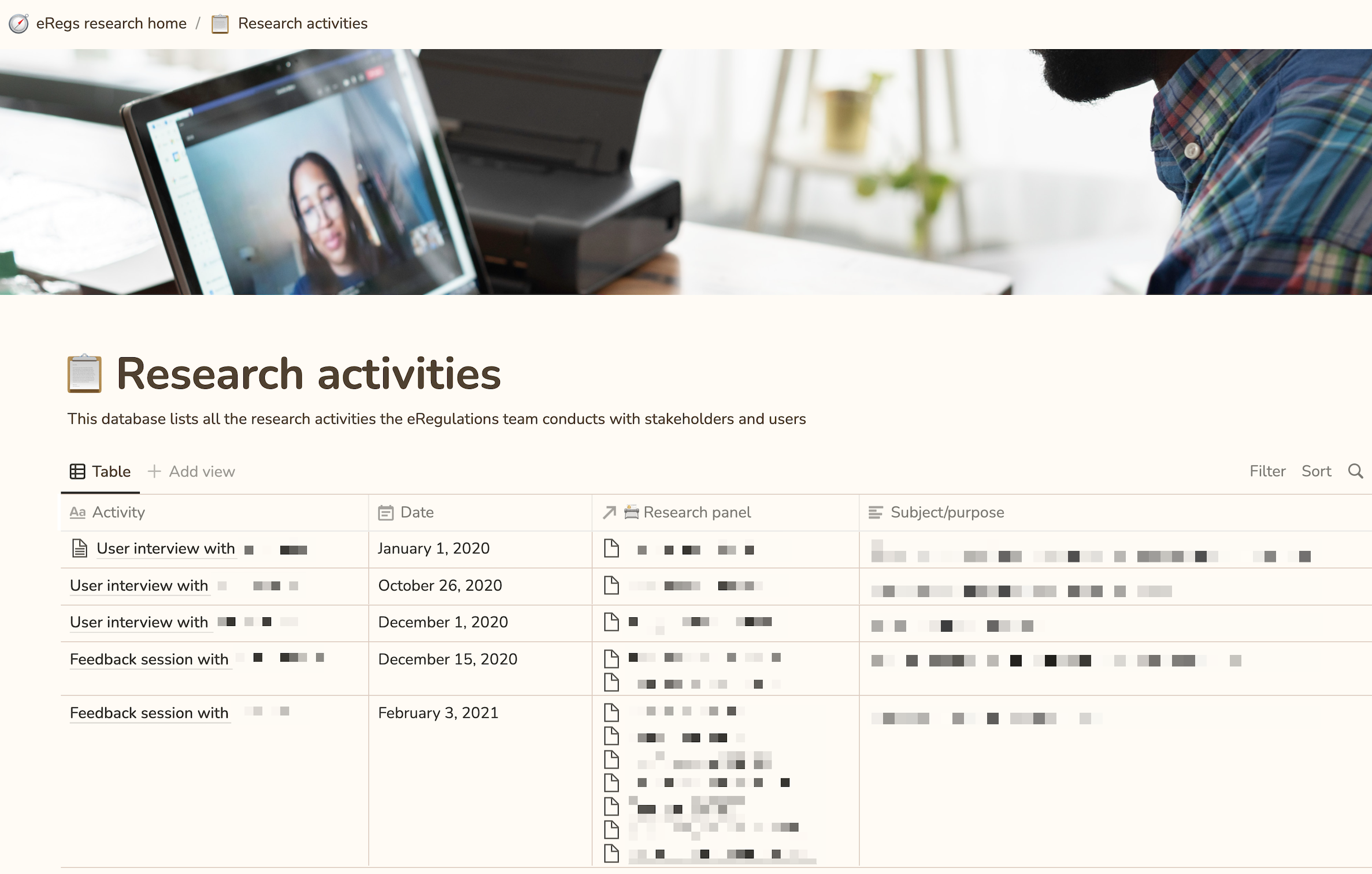 Notion database table titled ‘Research activities’ with the description ‘This database lists all the research activities the eRegulations team conducts with stakeholders and users.’ Columns include Activity (showing research activity types like ‘User interview with’ and ‘Feedback session with’), Date (showing study date ranges), Research panel (showing linked participant records), and Subject/purpose (showing research topics and purposes). The database includes table view, filter, and sort options, and demonstrates how research activities are tracked and linked to their participating research panel members.