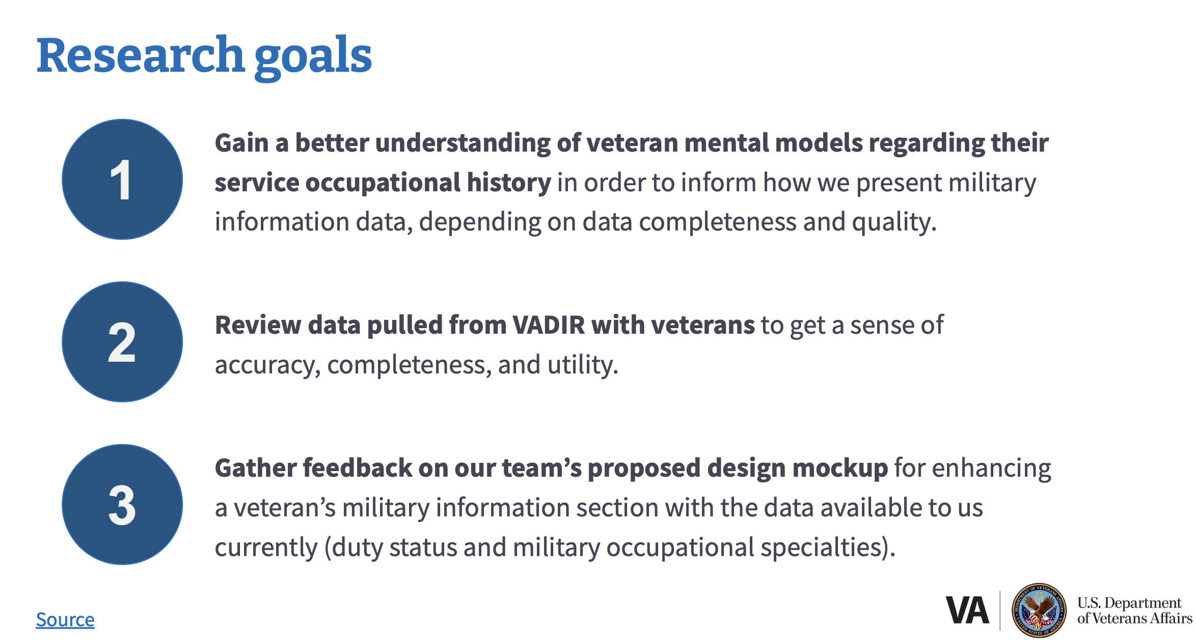 Screenshot of a presentation slide that lists the research goals of this study: gain a better understanding of veterans’ mental models, review data with veterans, and gather feedback on design mockup.